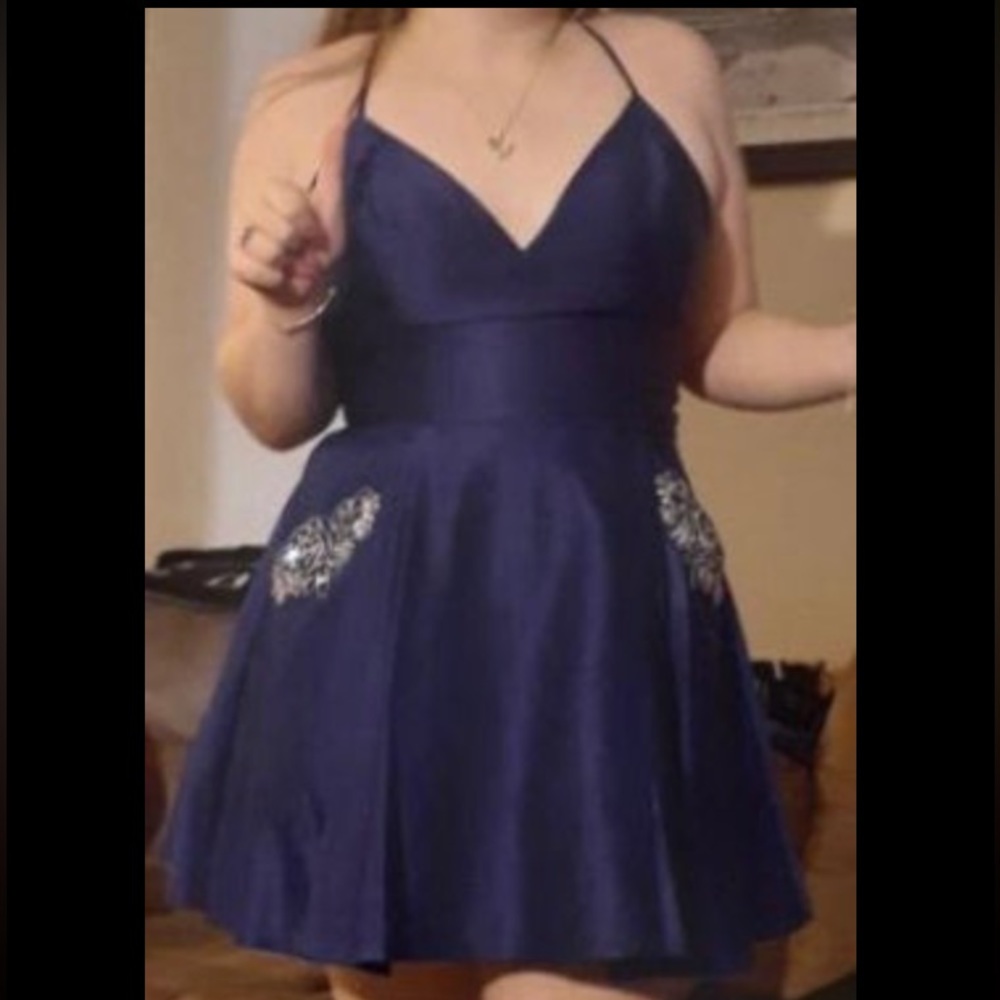 Navy Blue Semi Formal Laced Back Dress